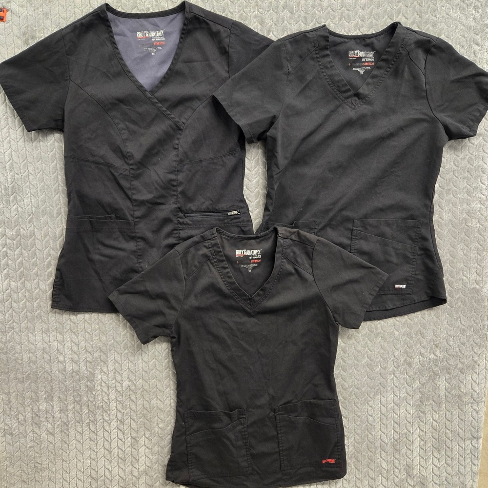 Lot of 3 Greys Anatomy‎ Barco XS Black Scrub Top Medical Uniform V Neck Spandex